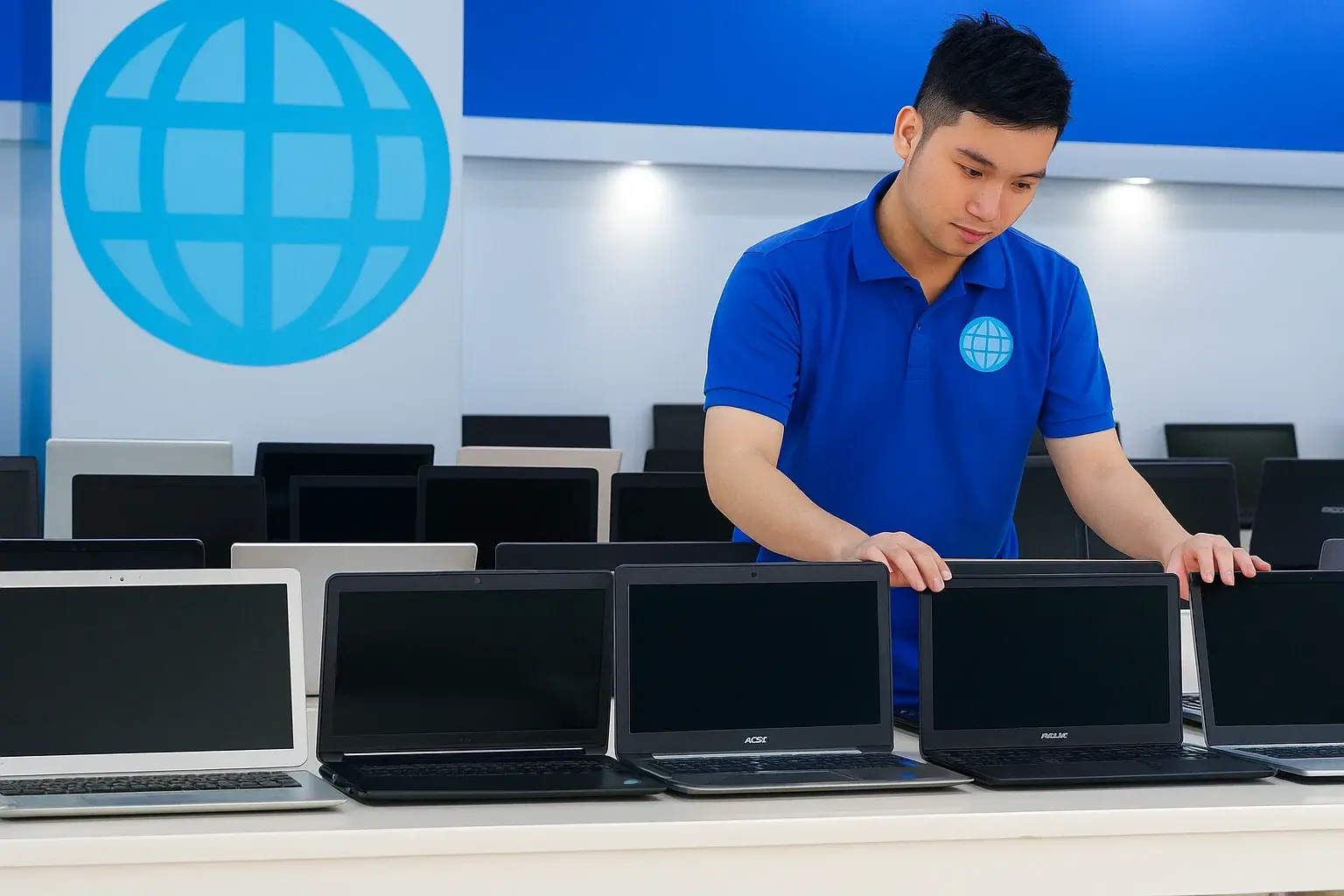 Nhiều mẫu laptop cũ đa dạng thương hiệu được trưng bày tại cửa hàng.