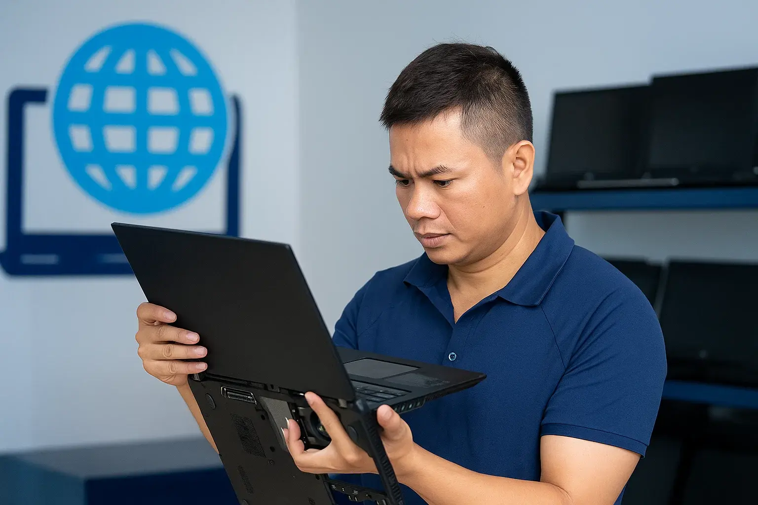Kỹ thuật viên đang kiểm tra kỹ lưỡng một chiếc laptop cũ trước khi bán.
