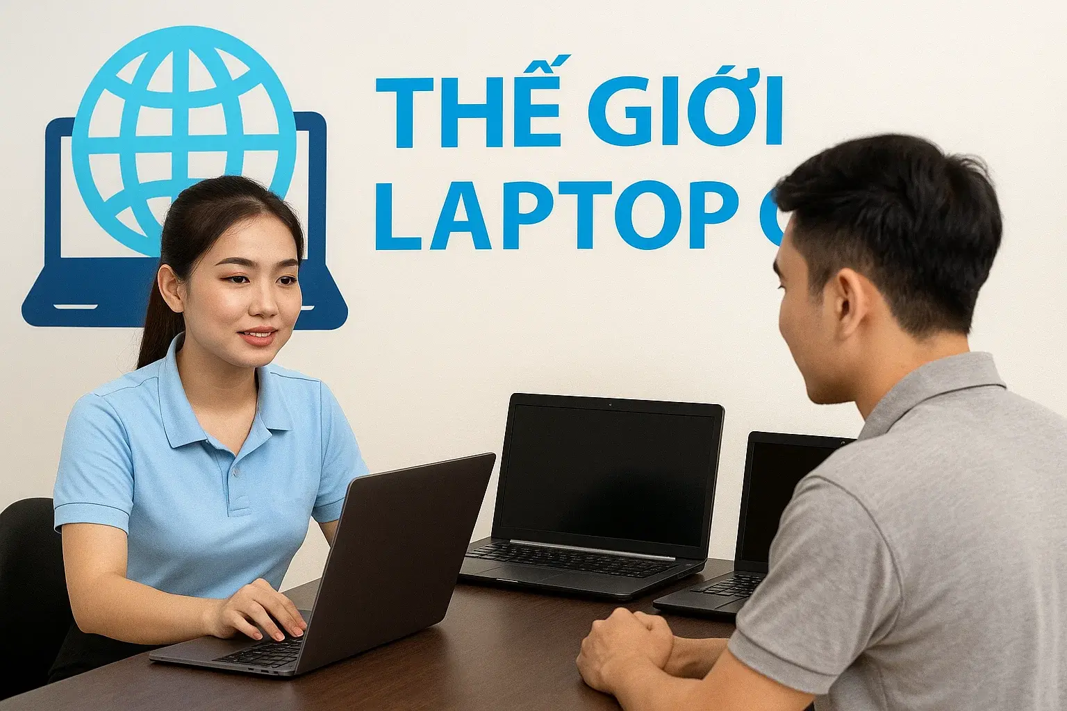 Nhân viên đang tư vấn cho khách hàng lựa chọn laptop cũ phù hợp.